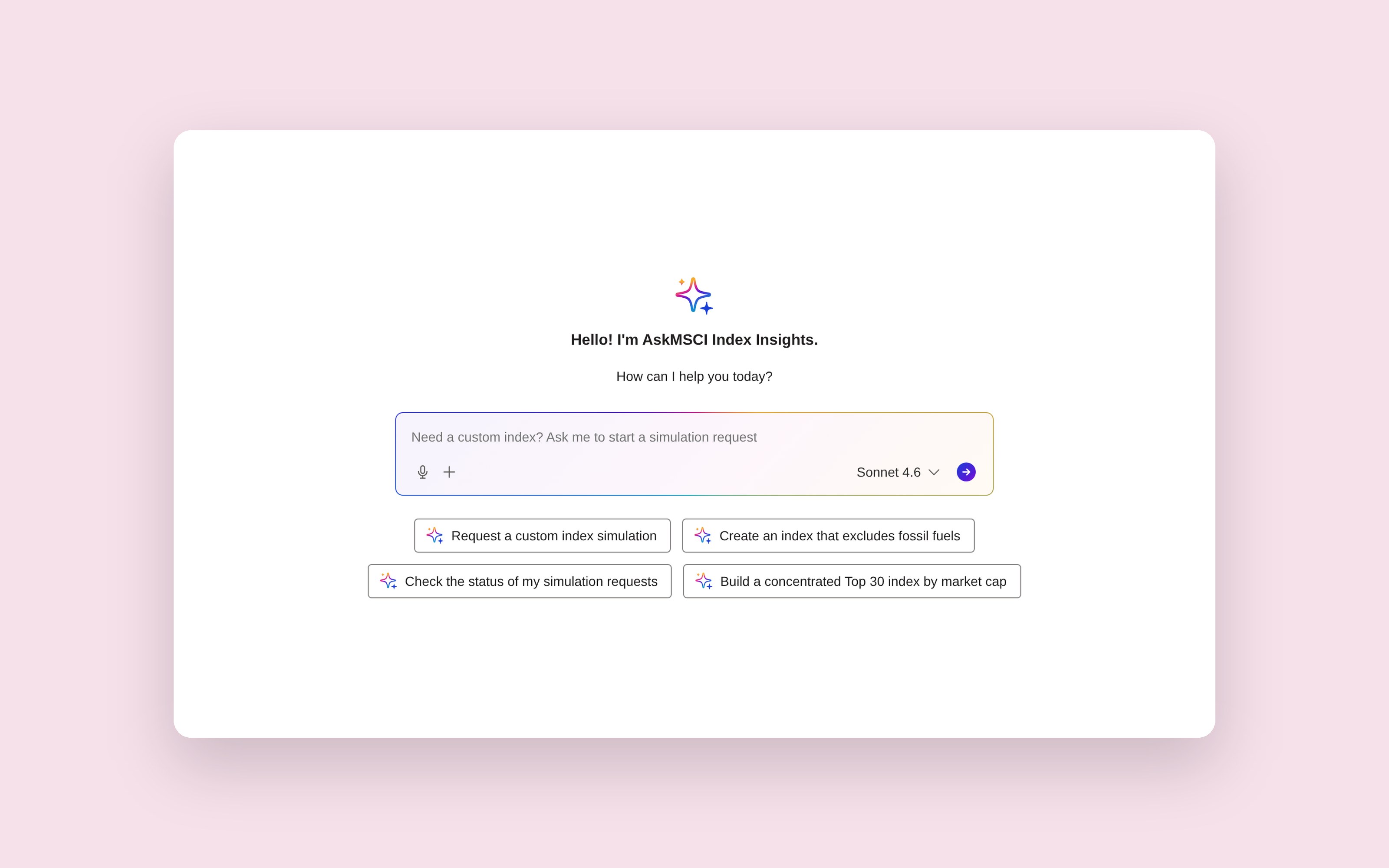 The AskMSCI Index Insights welcome screen: a greeting, a prompt box and four suggested requests
