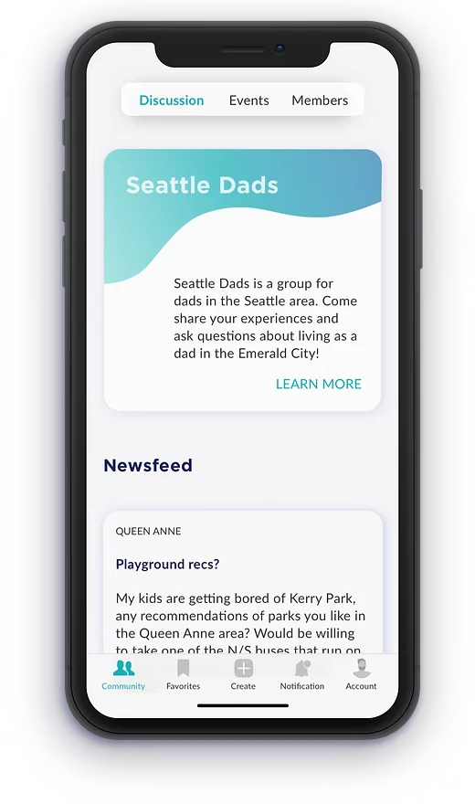 The Seattle Dads group page with a newsfeed post asking for playground recommendations