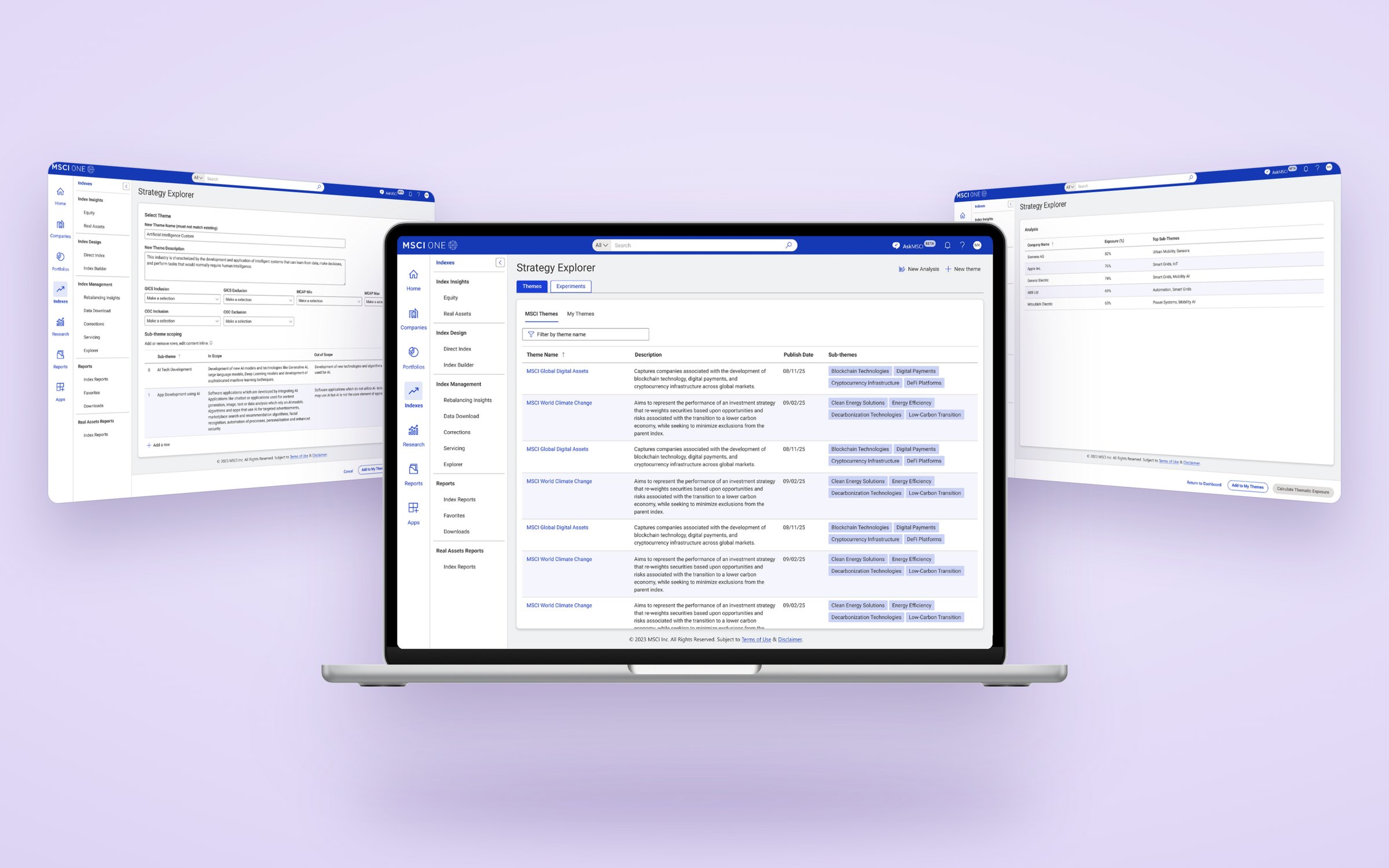 Strategy Explorer on a laptop, flanked by the custom theme form and the company exposure analysis