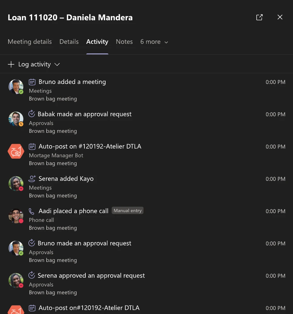 Activity tab listing recent meetings, approvals, phone calls and posts on the loan