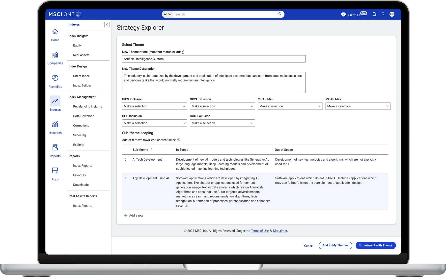 Laptop showing the new theme form: name, description, inclusion and exclusion filters, and sub-theme scoping