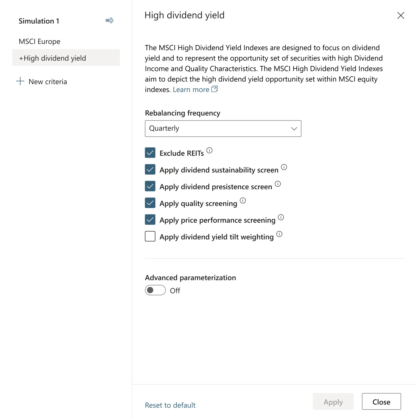 High dividend yield settings: rebalancing frequency, screening checkboxes and advanced parameterization