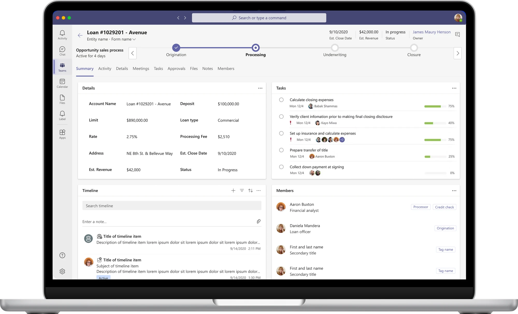 Laptop showing a loan in Loan Manager inside Microsoft Teams: process stages, loan details, tasks, timeline and team members