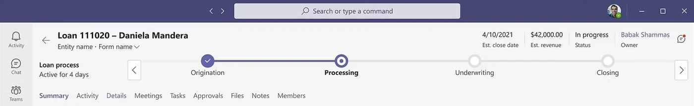 Loan header with a stage tracker: origination complete, processing in progress, underwriting and closing ahead