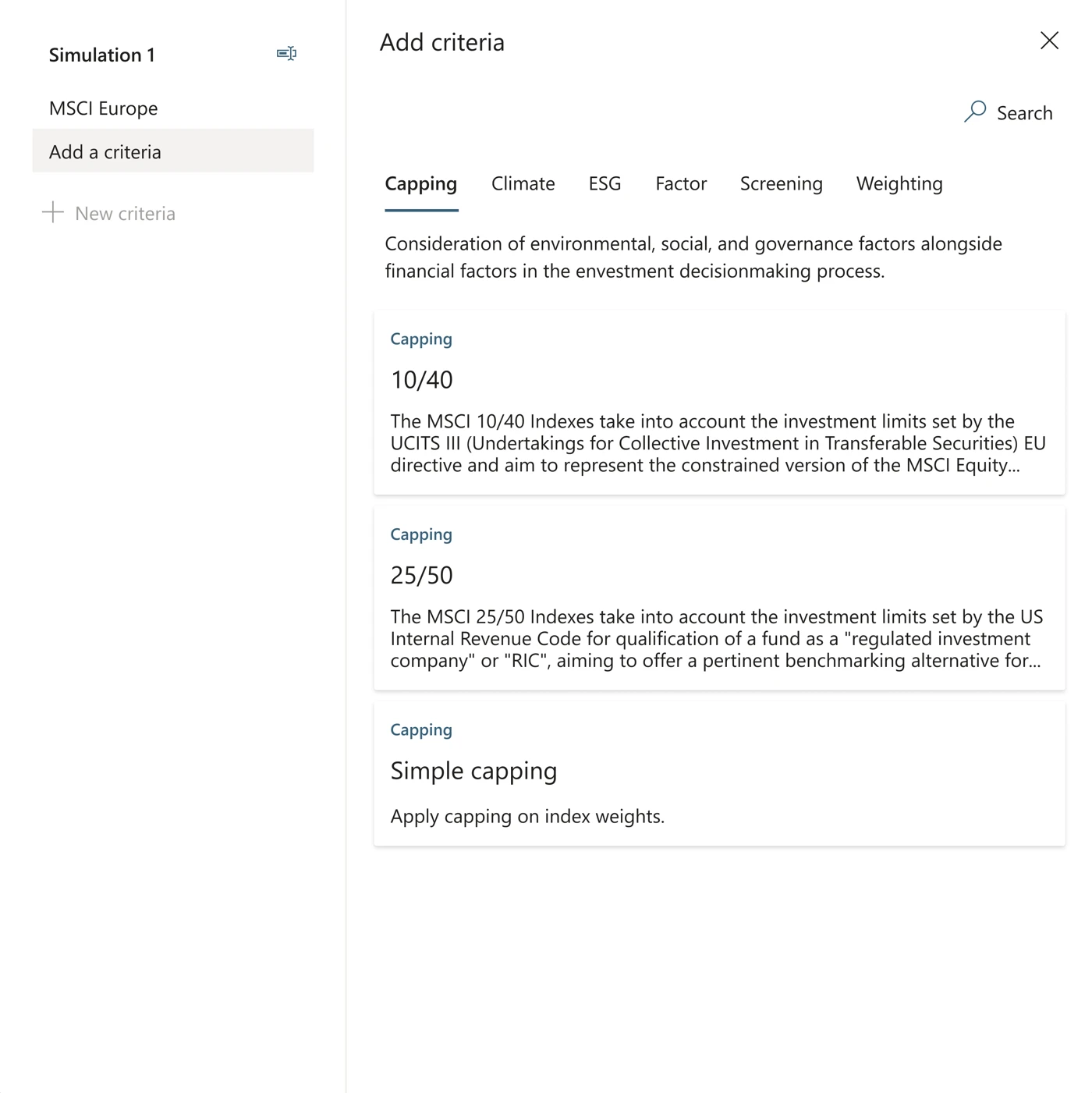 Add criteria dialog with categories for capping, climate, ESG, factor, screening and weighting, listing 10/40, 25/50 and simple capping options