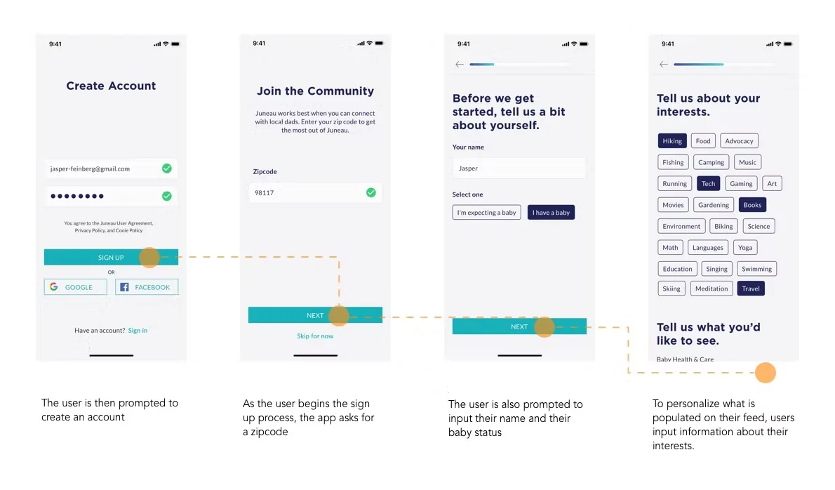 Onboarding flow: create an account, enter a zip code, add your name and baby status, then pick interests