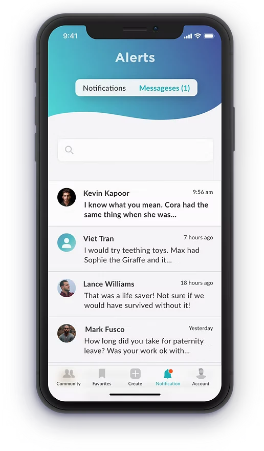 Alerts screen showing private messages from other dads