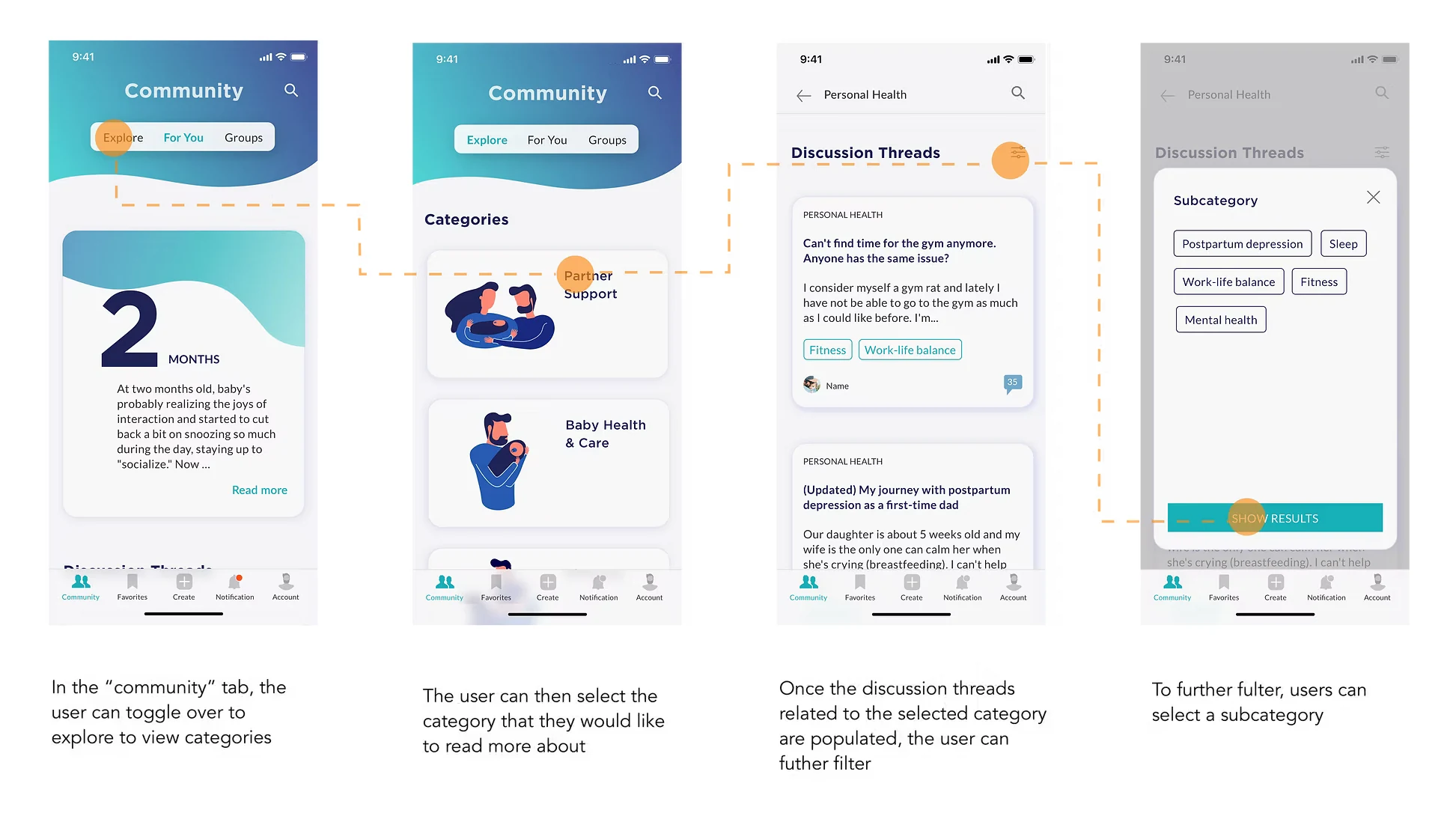 Explore flow: open Explore, choose a category, filter discussion threads by subcategory and show results