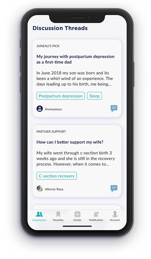 Juneau discussion threads, including a Juneau's Pick post on postpartum depression and a partner support question
