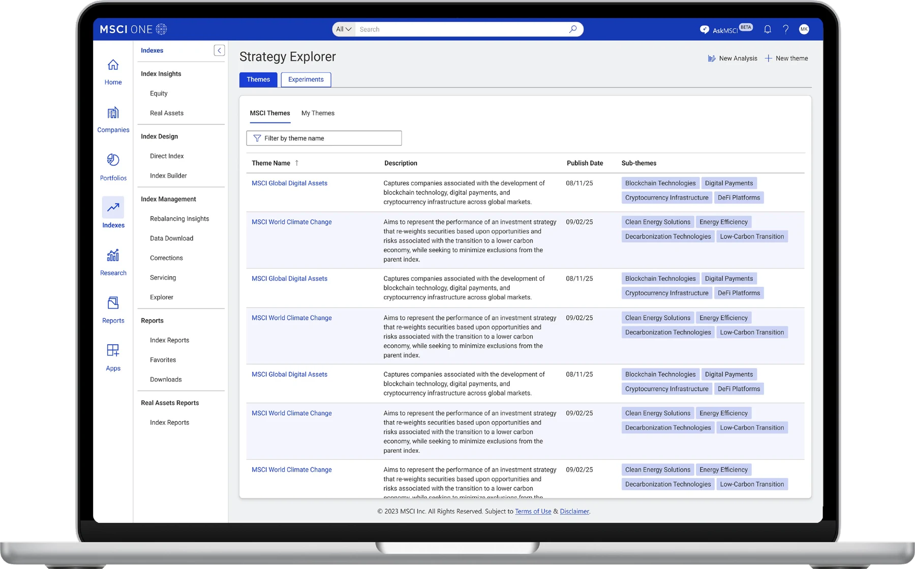 Laptop showing Strategy Explorer's MSCI Themes table with descriptions and sub-theme tags