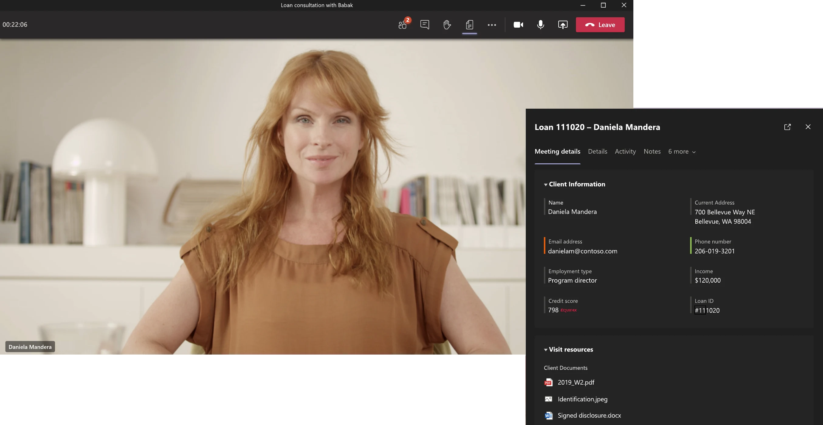 A Teams video call with a client, with the loan pop-out open beside it showing client information and documents