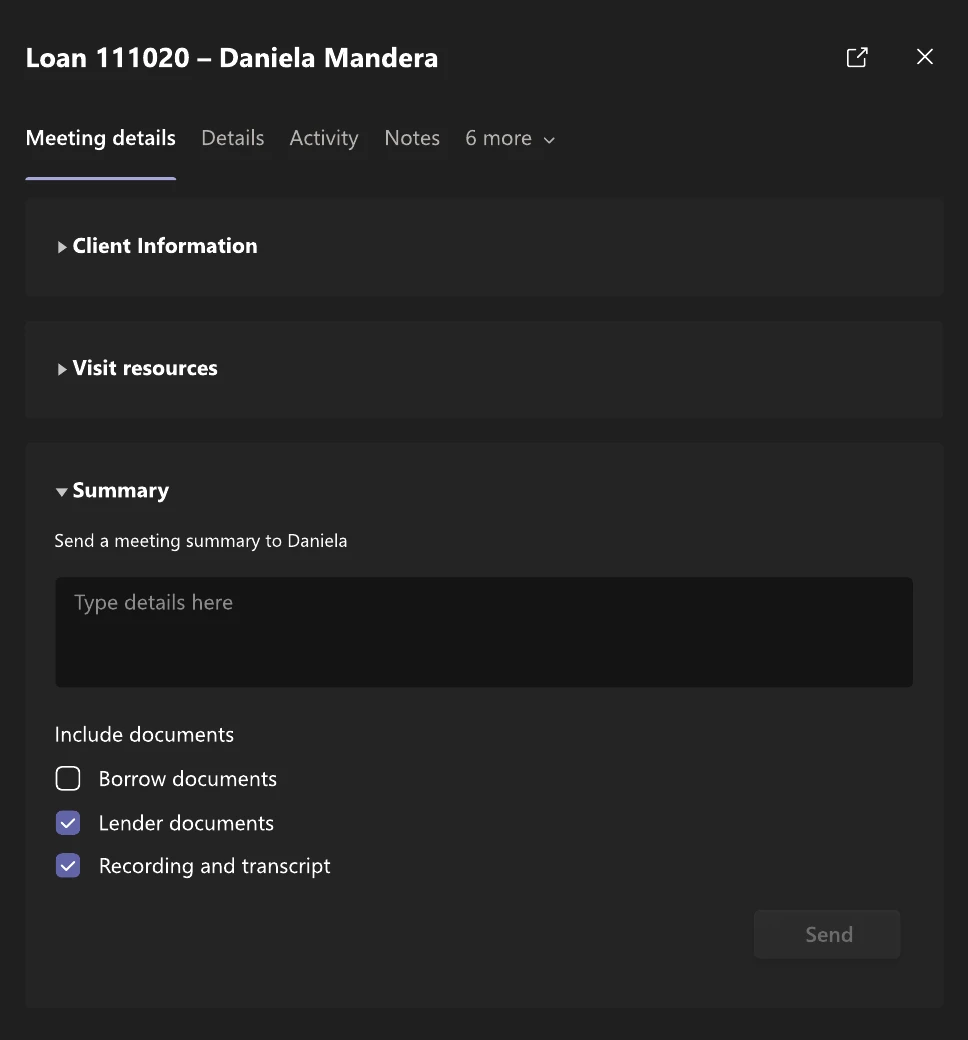 Summary section for sending the client a meeting summary with lender documents and the recording and transcript