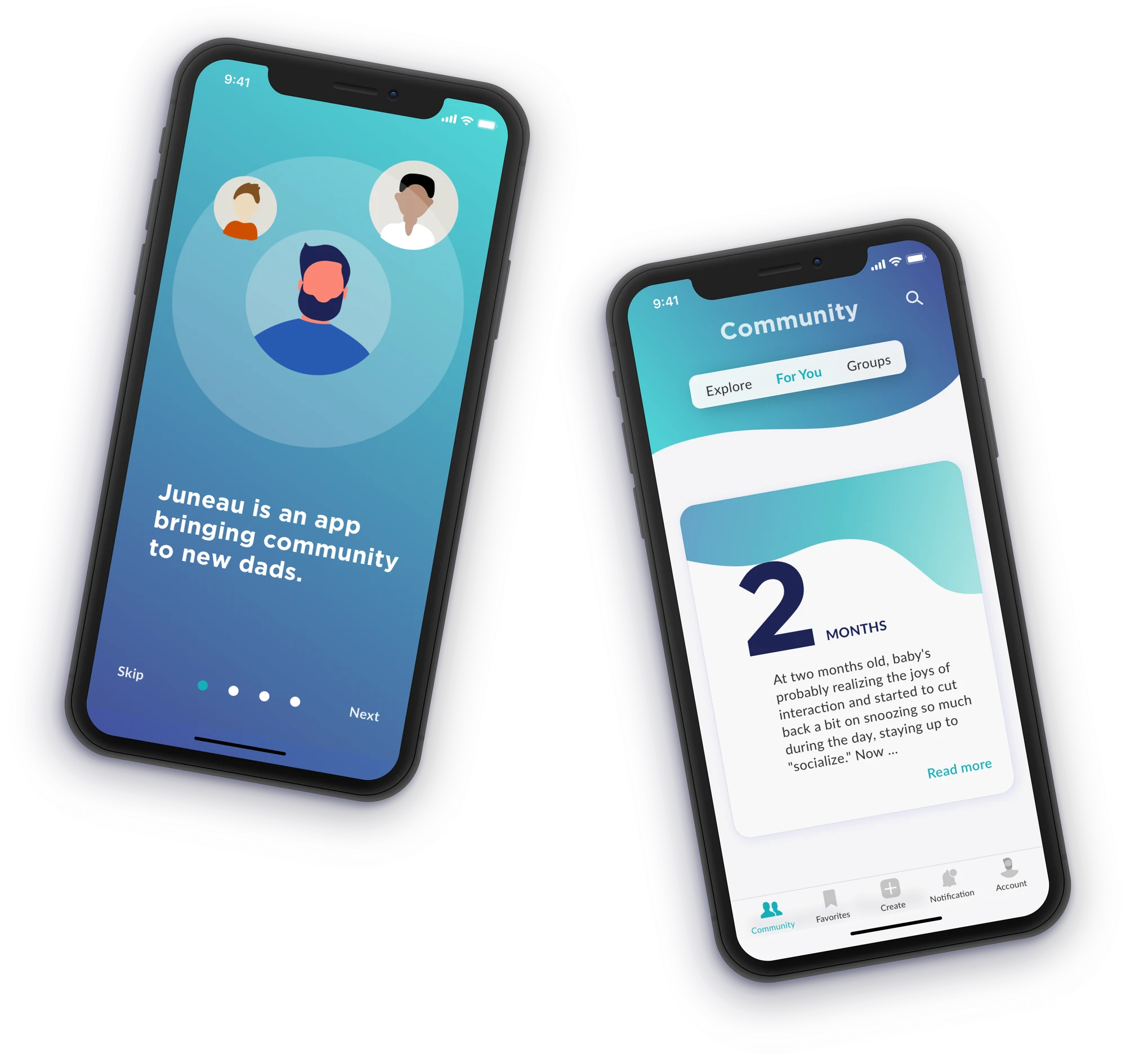 Two Juneau phone screens: onboarding that reads 'Juneau is an app bringing community to new dads' and the Community tab with a two-month milestone card