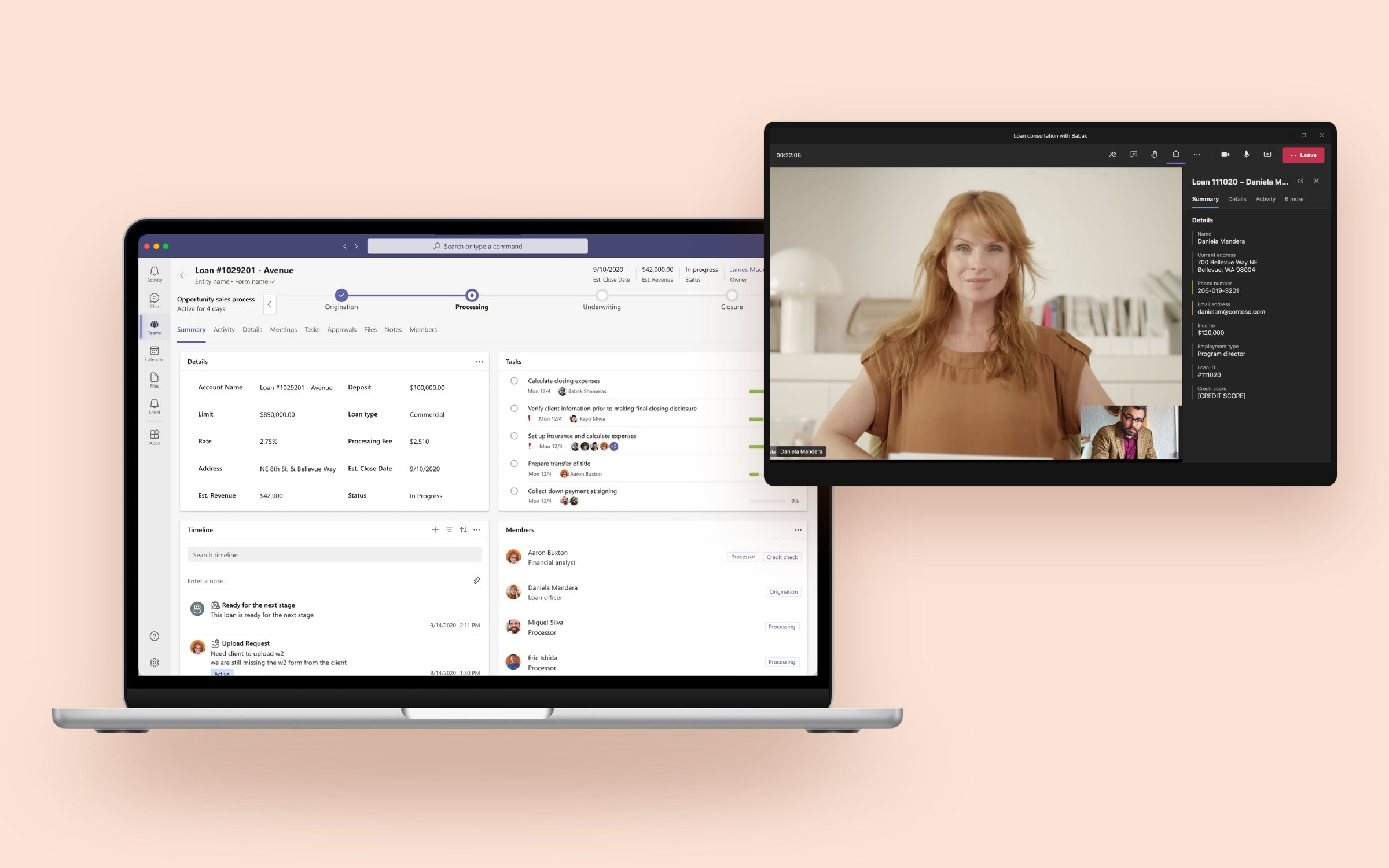 A loan in Loan Manager on a laptop, with a Teams loan consultation and the loan summary pop-out beside it