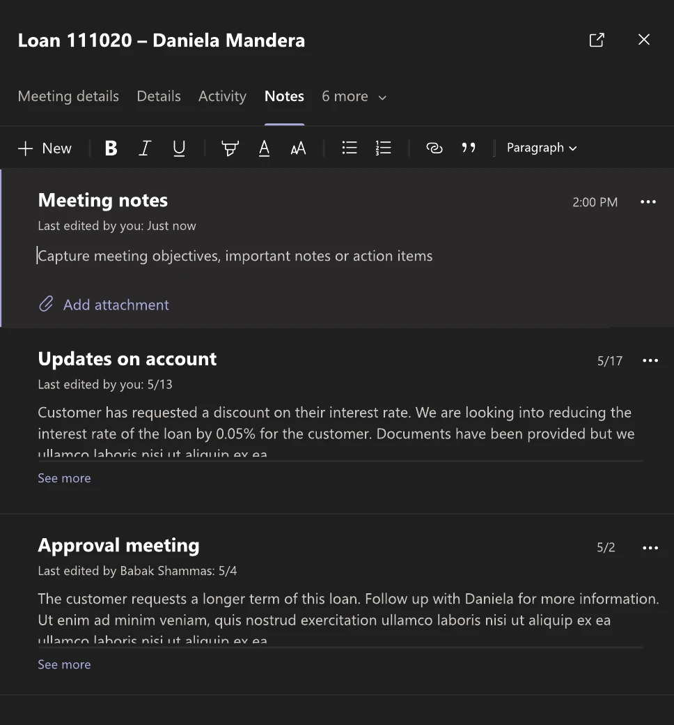 Notes tab with a new meeting note and earlier notes on account updates and an approval meeting